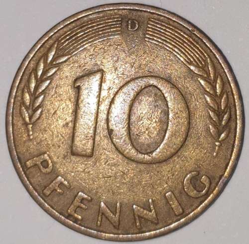 1950 D - 10 PFENNIG - TEN PFENNIG - GERMANY - FEDERAL REPUBLIC - (Brass Clad Steel) KM# 108